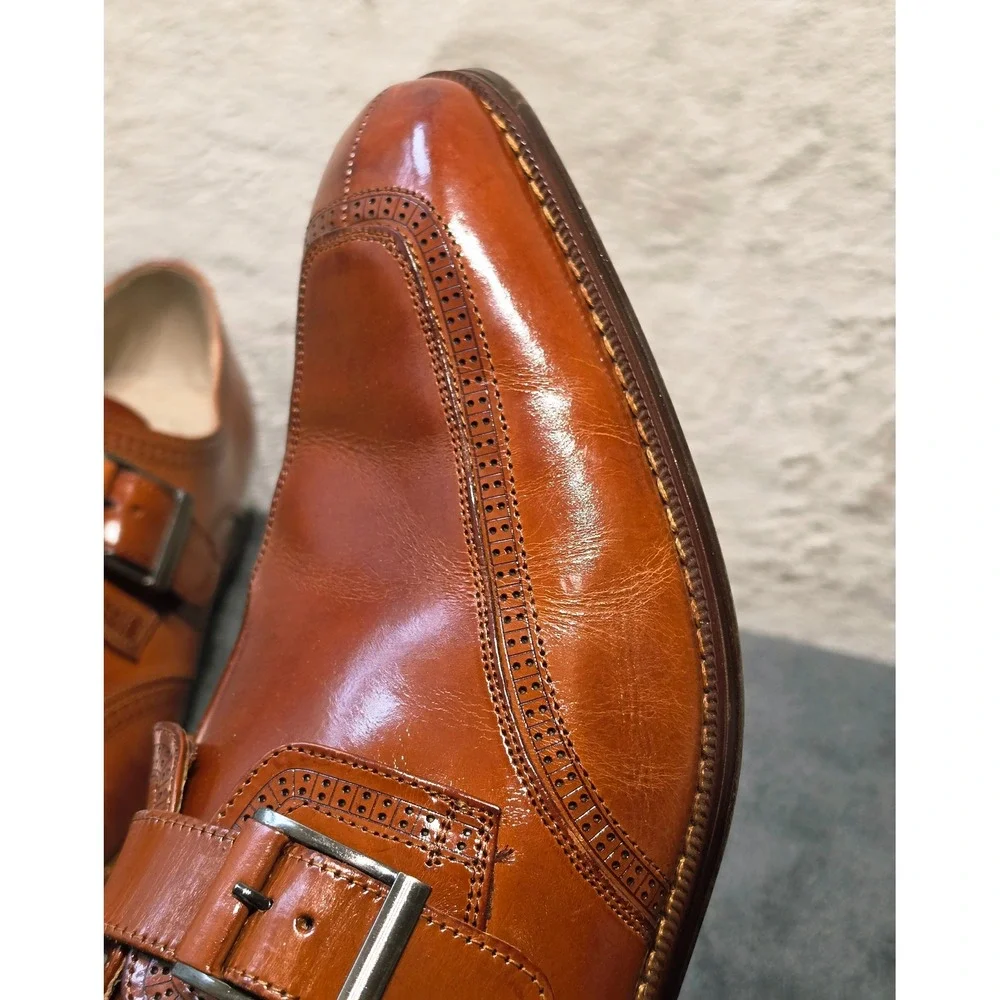 Stacy Adams Mens Cognac Leather Monk Strap Brogue Dress Shoes 25584-213‎ 9.5M